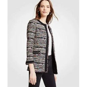 NWT Ann Taylor Multicolor Tweed 3/4 Sleeve Zipper Blazer Jacket SZ XS Fringe Hem